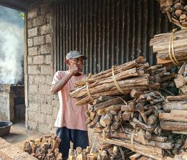 Pengumpul kayu bakar sedang menata kayu yang akan digunakan sebagai bahan bakar pembuatan mangut lele di Sewon, Bantul, Yogyakarta. | Foto: Media Asuransi/Arief Wahyudi