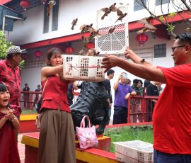 Tradisi Melepas Burung Warga keturunan Tionghoa melepas sejumlah burung di Vihara Dharma Bhakti, Petak Sembilan, Glodok, Jakarta Barat, usai melakukan sembahyang saat Tahun Baru Imlek 2573 Kongzili. | Foto: Media Asuransi/Arief Wahyudi