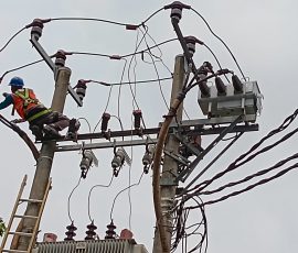 Petugas PLN melakukan pemeriksaan dan perawatan jaringan listrik. | Foto: Media Asuransi/Arief Wahyudi